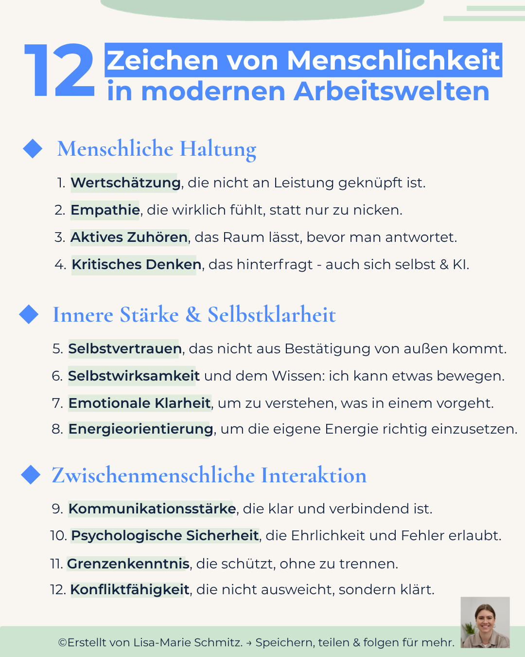 Visualisierung der 12 Zeichen von Menschlichkeit in modernen Arbeitswelten